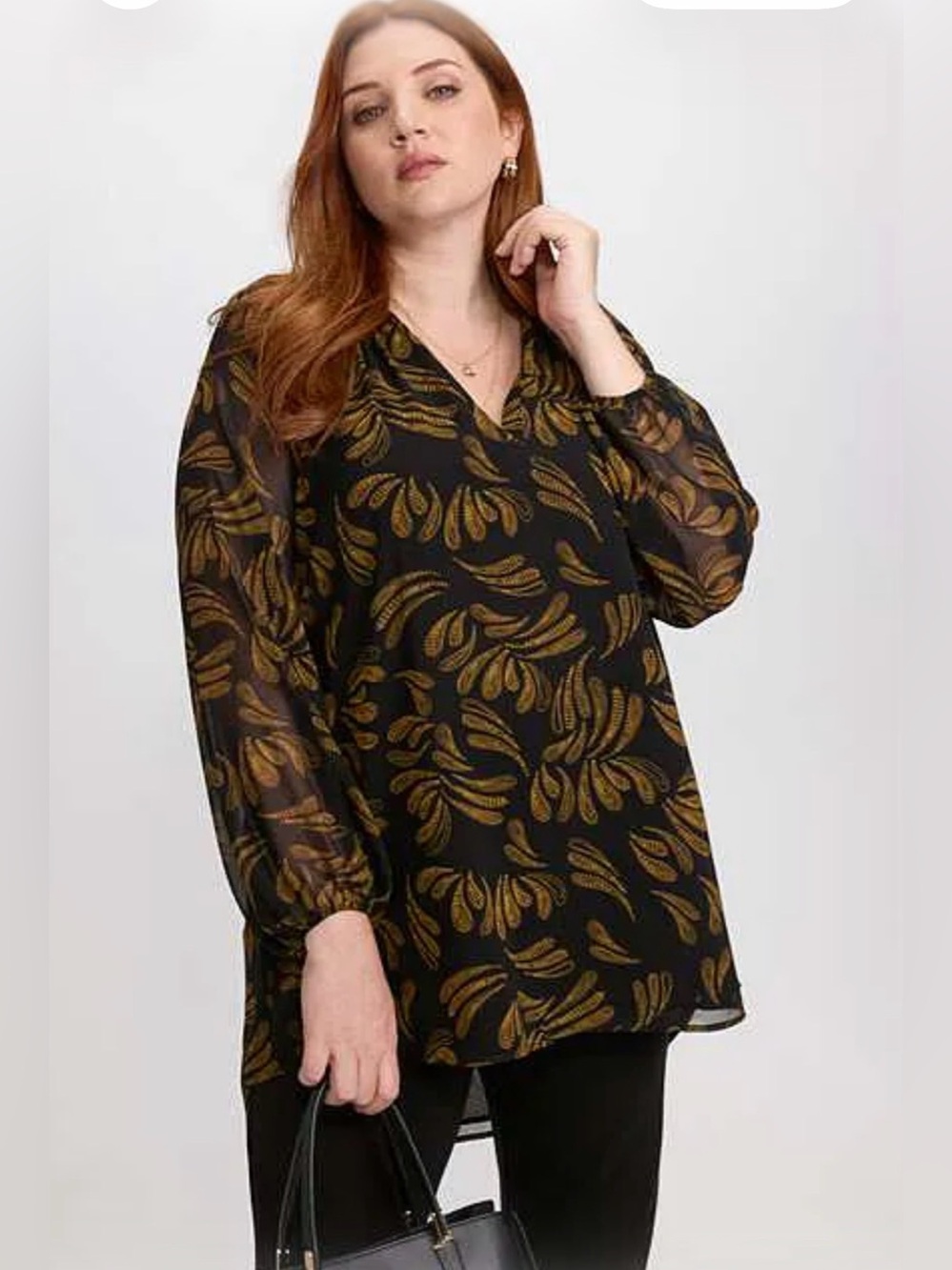 Laura Black & Gold Leaf-Print V-Neck Tunic Top